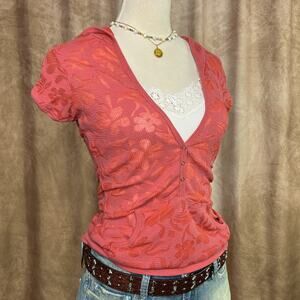 Vintage Y2K Floral Sheer Burnout Fitted Top Hooded Short Sleeve Indie McBling